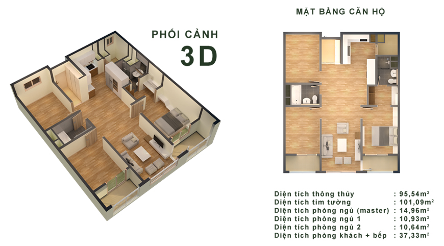 Phối cảnh căn hộ 95,54m2 chung cư Booyoung